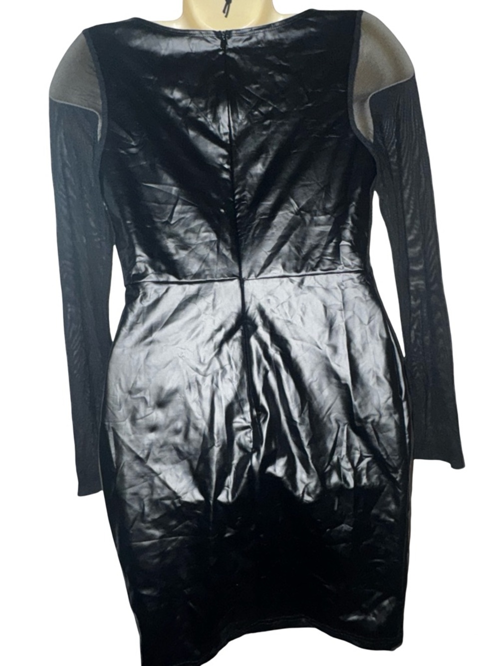 Black Faux-Leather Corset Mini Dress with mesh Long Sleeves - Picture 4 of 5